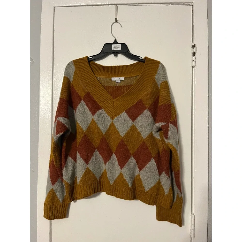 Favlux Women Argyle V-Neck Oversized Sweater Mustard Orange Grey FL19H800 L